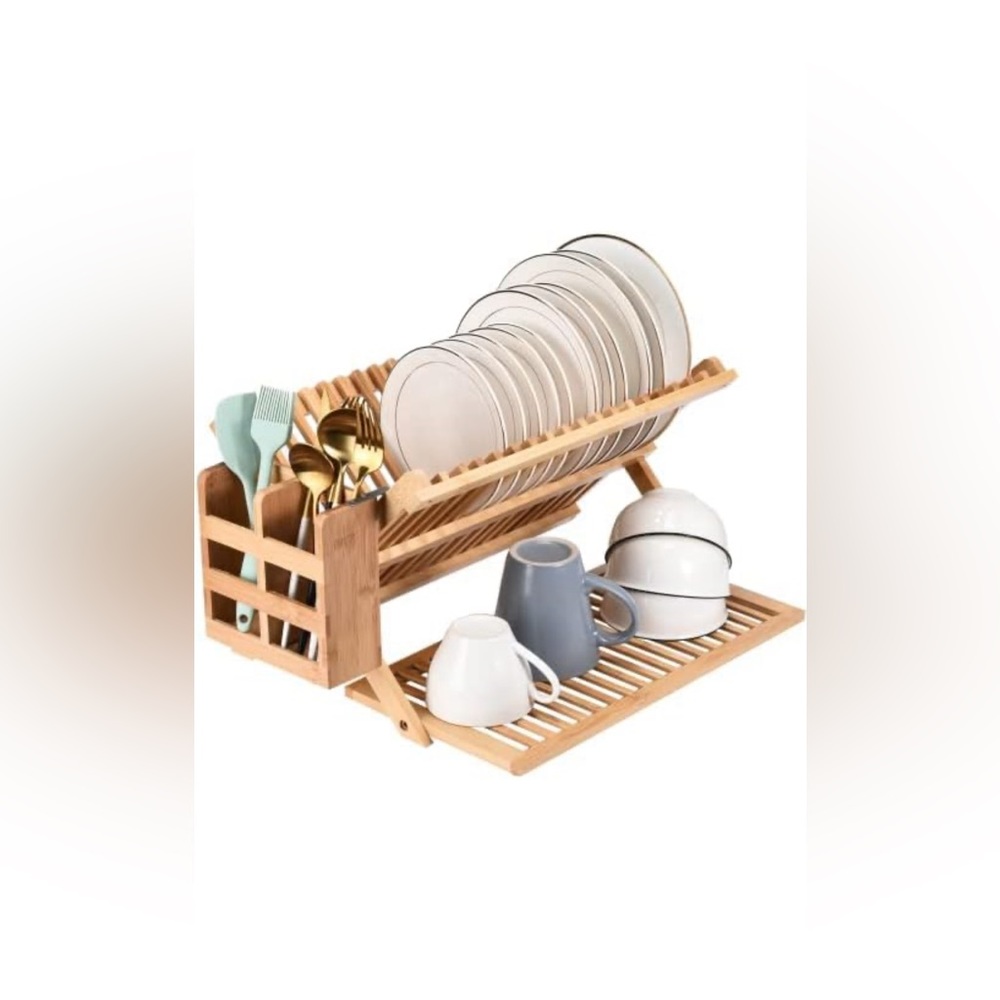 2LB Bamboo Dish Drying Rack - Collapsible Wooden Drainer for Kitchen Counter